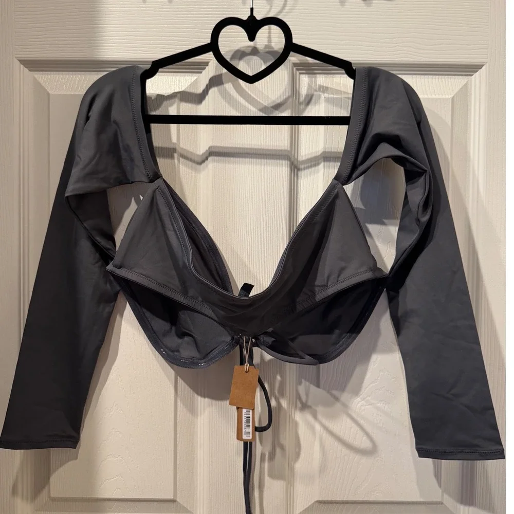 Skims Recycled Bikini Top Long‎ Sleeve Bikini Top/ Gunmetal/ Size: XL